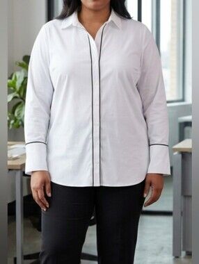 Chico's Non Iron Fashion Piping Detail Optic White Button-Up Tunic/Shirt US 18
